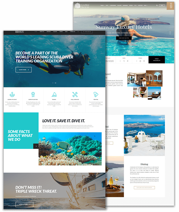 Website Design for Established Businesses Screenshots of a website for a scuba diving business, and a luxury hotel business