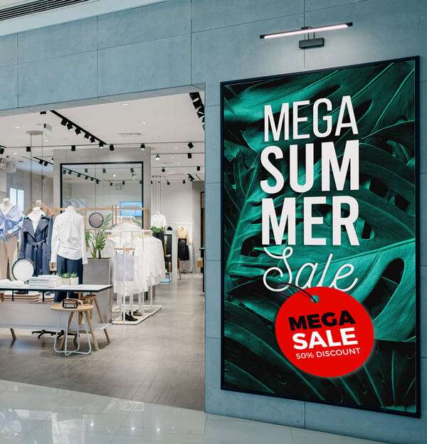 Fashion retail exterior poster promoting summer sale